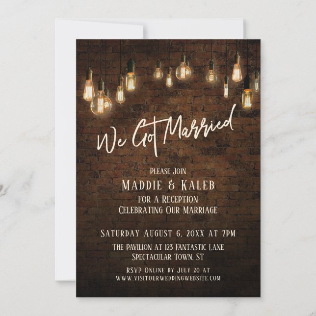 Invitación Ladrillo industrial con luces de Edison Nos Casamo (Anverso)