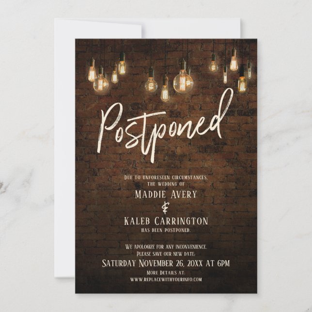 Invitación Ladrillo Industrial Edison Luces Posponen Boda (Anverso)
