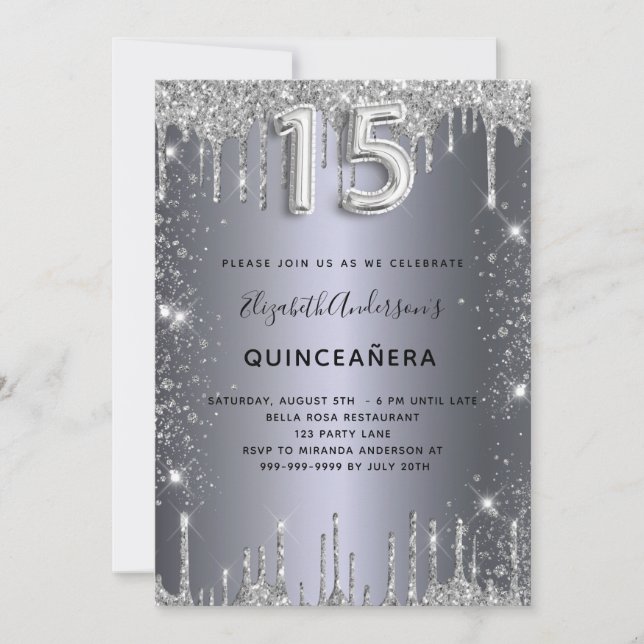 Invitación Ladrillos de purpurina plateado Quinceanera (Anverso)