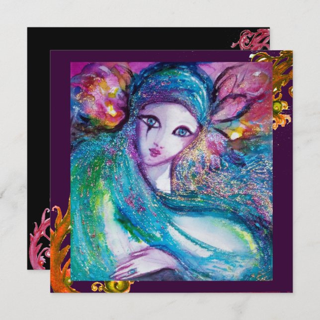 Invitación LADY AZUL MÁSCARA Fiesta De Mascaradas De Swirls R (Anverso / Reverso)