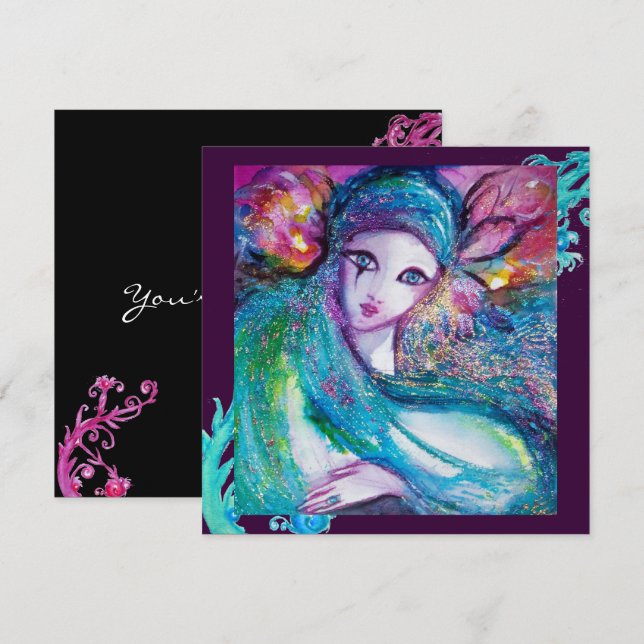 Invitación LADY AZUL MASCARA Fiesta, Púrpura Negra Verde azul (Anverso / Reverso)