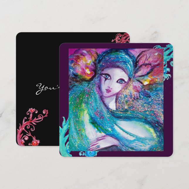 Invitación LADY AZUL MASK Elegante Fiesta de Mascarada, negro (Anverso / Reverso)