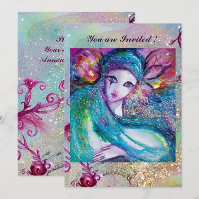 Invitación LADY AZUL MASK Elegante Fiesta de Mascarada rosa V (Anverso / Reverso)