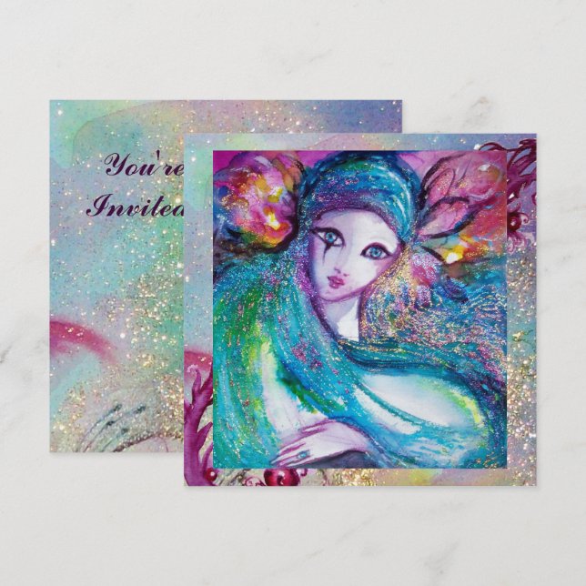Invitación LADY AZUL MASK Elegante Fiesta veneciano de Mascar (Anverso / Reverso)