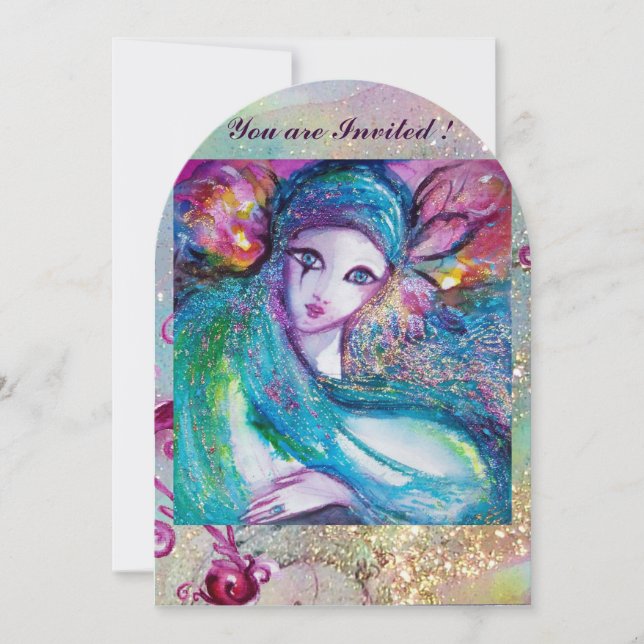 Invitación LADY AZUL MASK Masquerade Fiesta Floral Swirls (Anverso)