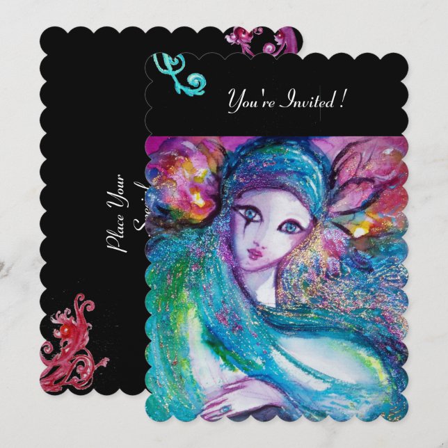 Invitación LADY AZUL MASK Masquerade Fiesta, Red Swirls Black (Anverso / Reverso)