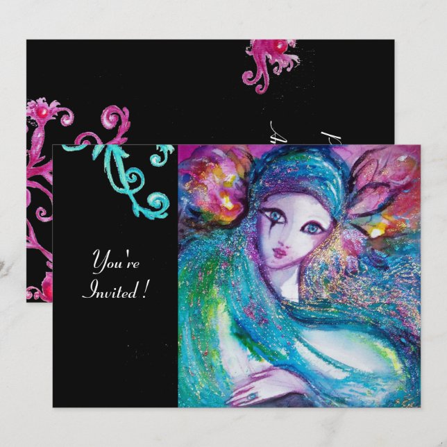 Invitación LADY AZUL MASK Masquerade Fiesta, Red Swirls Black (Anverso / Reverso)