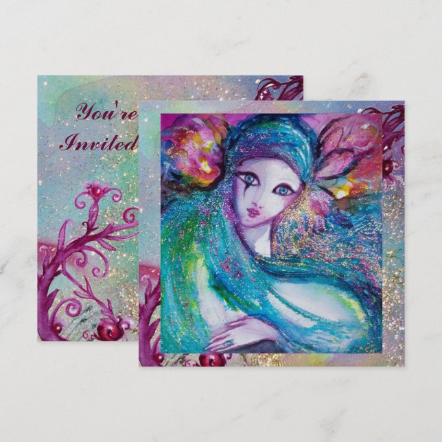 Invitación LADY BLUE MASK Elegante Fiesta de Boda de Máscara (Anverso / Reverso)