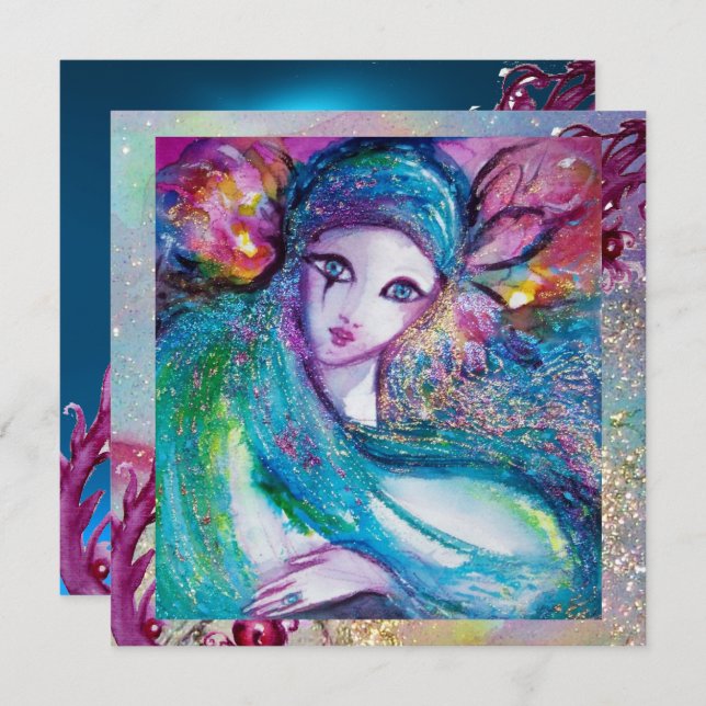 Invitación LADY BLUE MASK Fiesta de Máscaras Elegante, Zafiro (Anverso / Reverso)