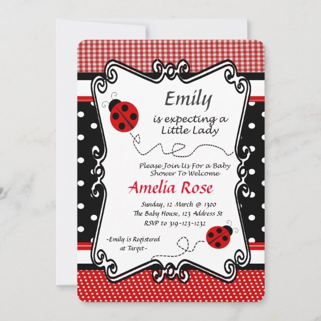 Invitación Lady Bug Baby Shower, Baby Girl, Tema de Picnic (Anverso)