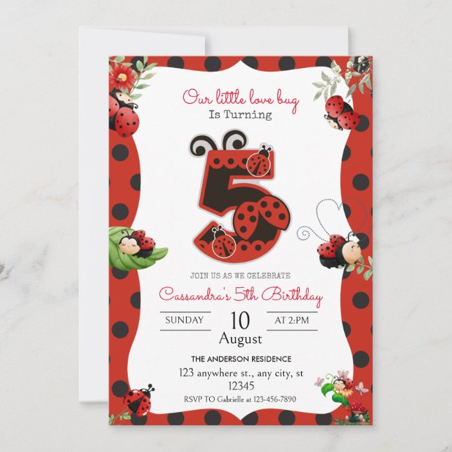 Invitación Lady Bug Fiesta de cumpleaños 5 (Anverso)
