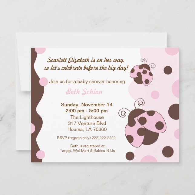 Invitación Lady Bug Rosa y Brown (Anverso)