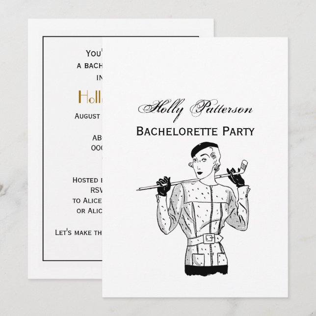 Invitación Lady Golfer de moda de los años 30 con club de gol (Anverso / Reverso)