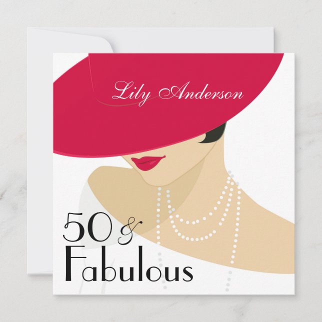 Invitación Lady Red gorra elegantes perlas 50 y fabuloso (Anverso)