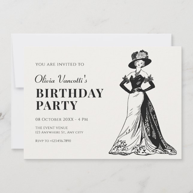 Invitación Lady Retro Vintage elegante cumpleaños (Anverso)
