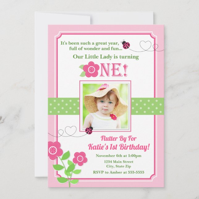 Invitación Ladybug Birthday Invitation Pink Ladybug 1ᵉʳ (Anverso)