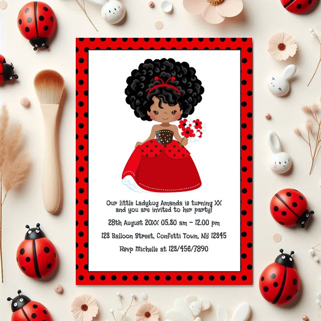 Invitación Ladybug Black Princess Fairy Tale Party Birday (Ladybug Black Princess Fairy Tale Birthday Party Invitation)