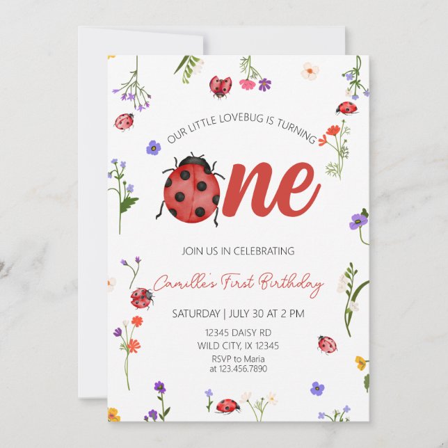 Invitación Ladybug First Birthday  (Anverso)