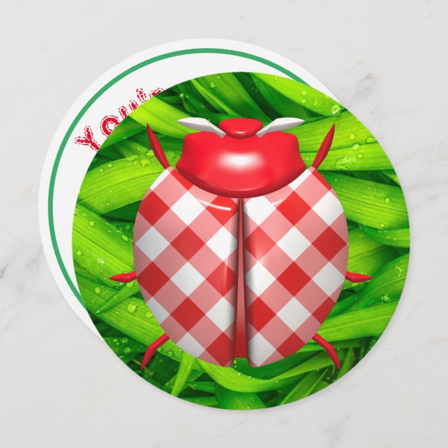 Invitación Ladybug grass gingham check lindo rojo blanco verd (Anverso / Reverso)