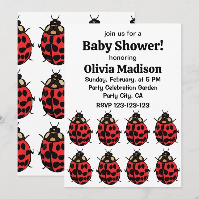 Invitación Ladybug Red Black Insect Ladybug Baby Girl Shower (Anverso / Reverso)