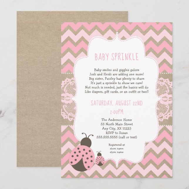Invitación Ladybug rosa Bebé Sprinkle, ducha de bebé chica (Anverso / Reverso)