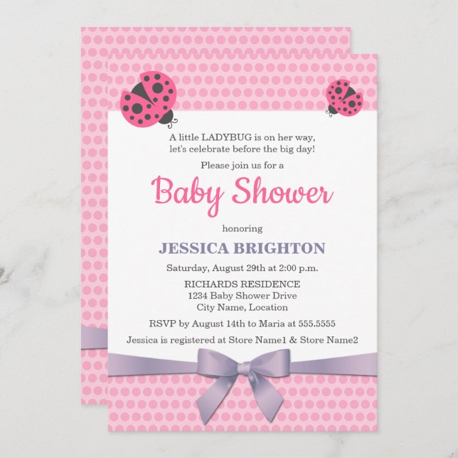 Invitación Ladybug rosa con Baby Shower de la cinta de opcion (Anverso / Reverso)
