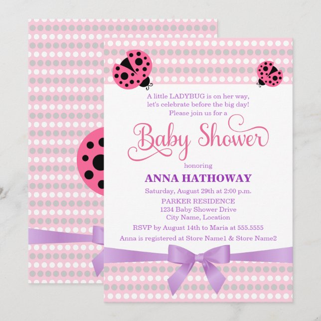 Invitación Ladybug rosa con Lavender y Baby Shower plateado (Anverso / Reverso)
