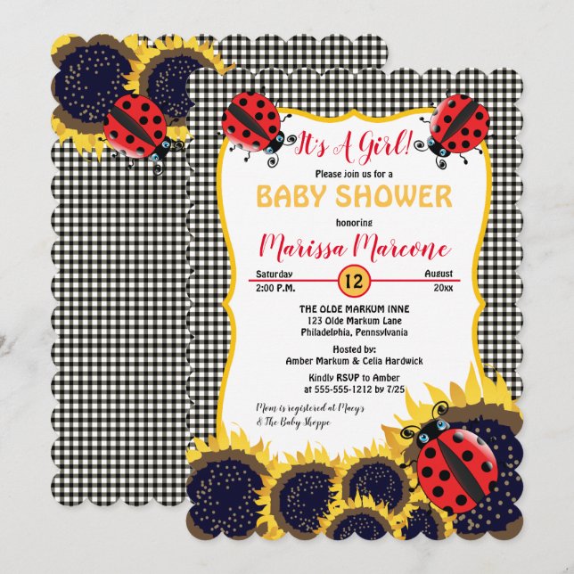 Invitación Ladybugs y girasoles es un Baby Shower Chica (Anverso / Reverso)