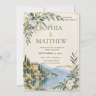 Invitación Lago de Como | Boda elegante azul y dorado antiguo