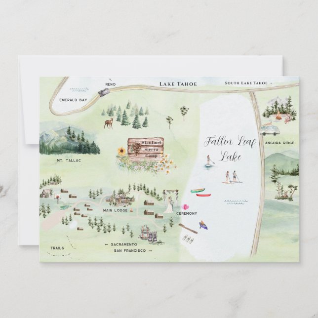 Invitación Lago Fallen Leaf | Itinerario de Mapa de Boda (Anverso)