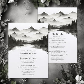 Invitación Lago Montañoso Negro y Blanco todo en un Boda