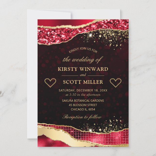 Invitación Lágrimas de Boda Glamour Elegantes con Brillo Rojo (Anverso)
