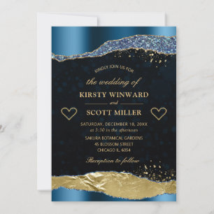 Invitación Lágrimas de boda glamurosas con brillo azul y dora