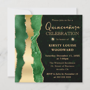Invitación Lágrimas de brillo verde y dorado Bokeh Quinceañer