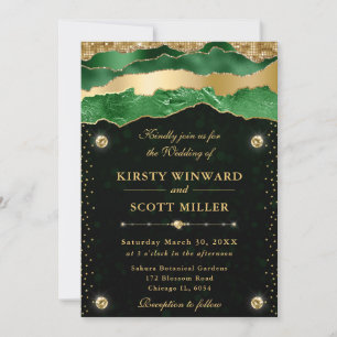 Invitación Lágrimas de brillo verdes y doradas Bokeh Boda