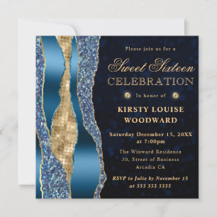 Invitación Lágrimas de glam azul y oro Bokeh dulce dieciséis