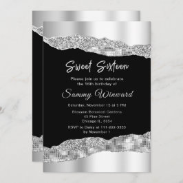 Invitación Lágrimas de glam de plata y negro dulces dieciséis