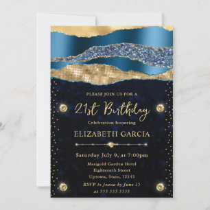 Invitación Lágrimas de glamour azul y dorado Bokeh Fiesta de