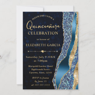 Invitación Lágrimas de glamour azul y dorado Bokeh Quinceañer
