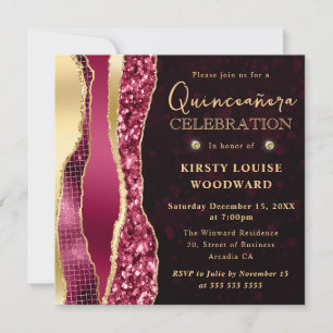 Invitación Lágrimas de glamour borgoña y dorado Bokeh Quincea
