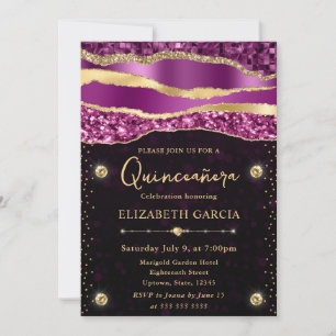 Invitación Lágrimas de glamour púrpura y dorado Bokeh Quincea