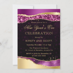 Invitación Lágrimas de glamour púrpura y dorado Nochevieja