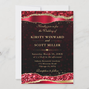 Invitación Lágrimas de glamour rojas y doradas Bokeh Boda