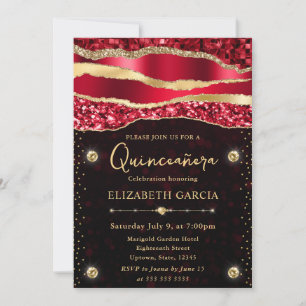 Invitación Lágrimas de glamour rojas y doradas Bokeh Quinceañ