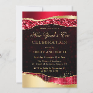 Invitación Lágrimas de glamour rojas y doradas Nochevieja