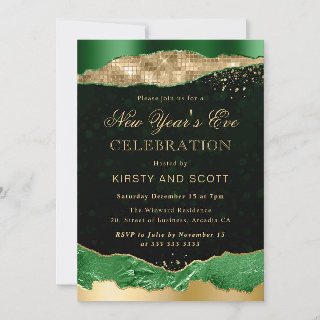Invitación Lágrimas de glamour verde y dorado para Nochevieja (Anverso)