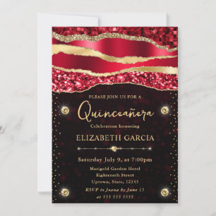 Invitación Lágrimas de oro y rojo Bokeh Quinceanera