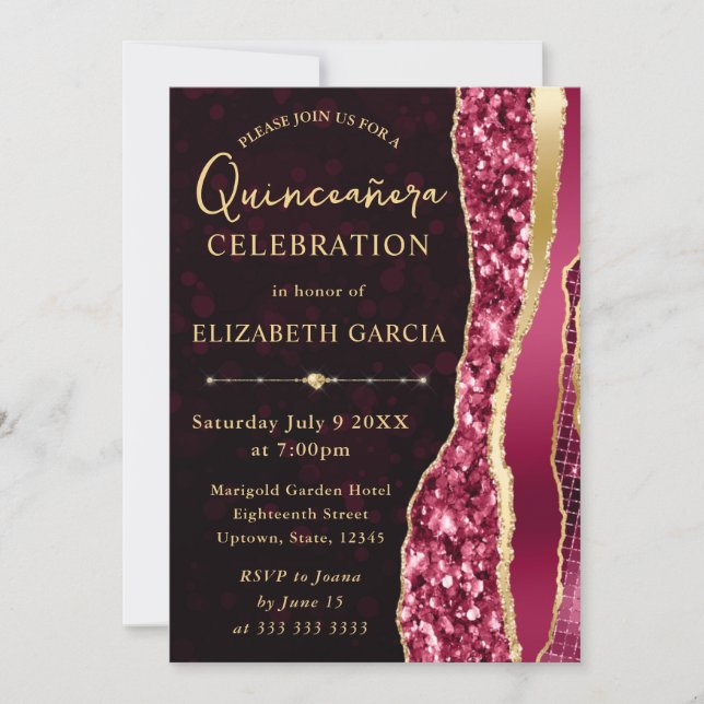 Invitación Lágrimas Glam de Borgoña y Dorado Bokeh Quinceañer (Anverso)