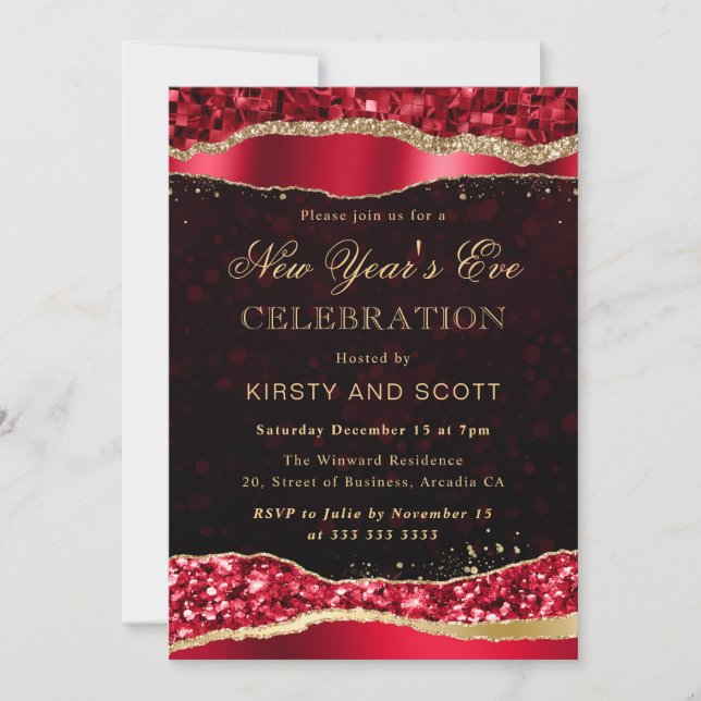 Invitación Lágrimas Glam de Oro y Rojo Nochevieja (Anverso)