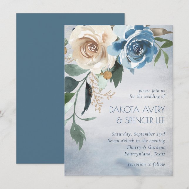 Invitación Lake Floral | Boda azul turbio y blanco desconecta (Anverso / Reverso)